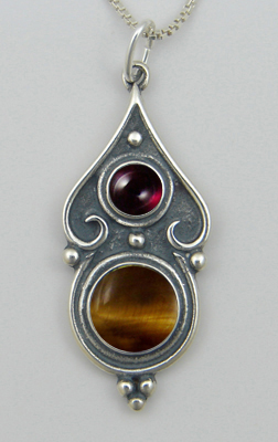 Sterling Silver Romantic Necklace Tiger Eye And Garnet